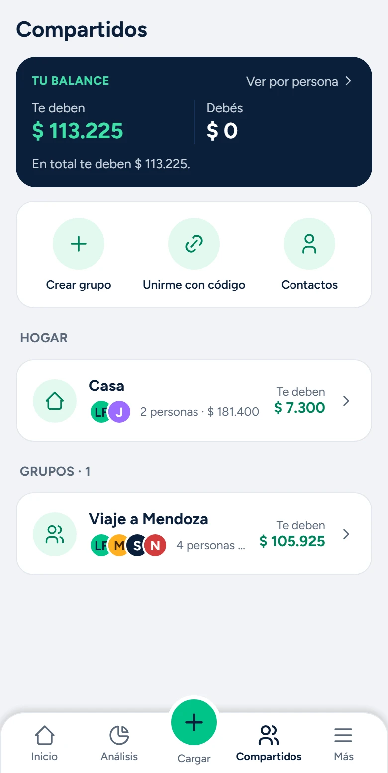 Pantalla Compartidos de Chirolas: tu balance, el hogar y tus grupos