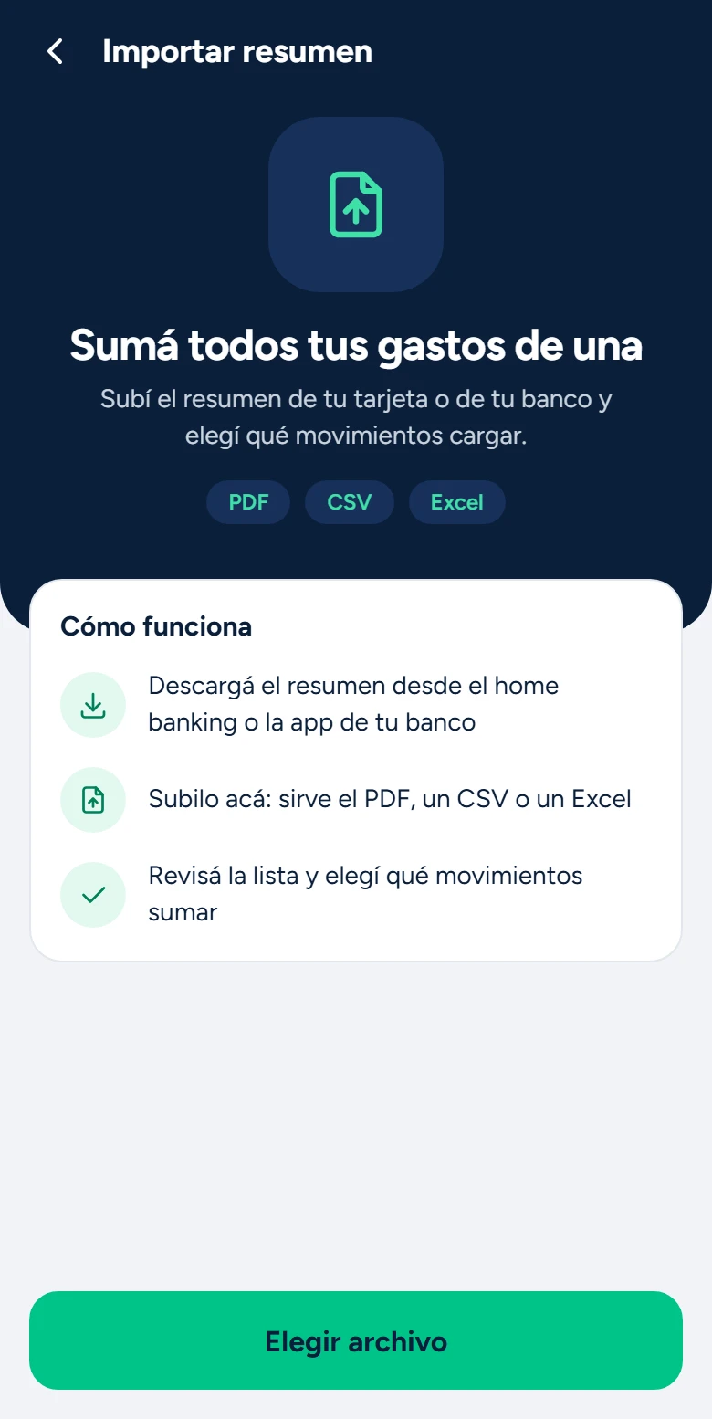 Pantalla Importar resumen de Chirolas